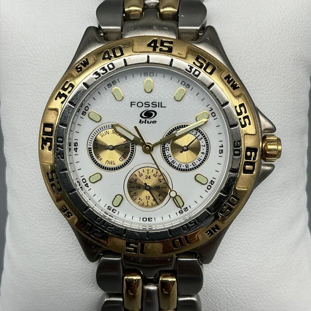 Fossil Blue Mens Sport Watch 39mm Two Tone BQ-8774 Day Date New Battery 7.5